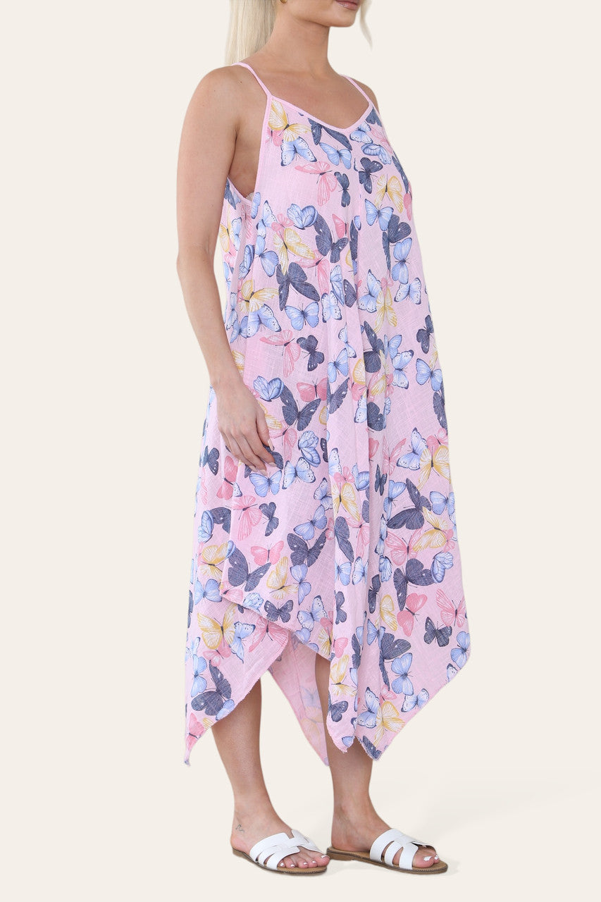 JURK MET VLINDERPRINT EN SPAGHETTIBANDJES ROZE