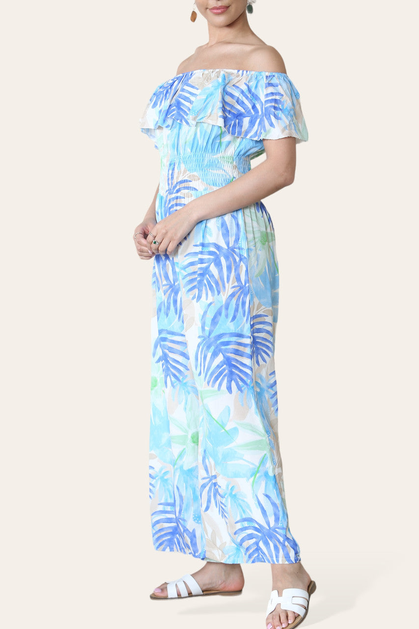 TROPISCHE BLADPRINT OFF-SHOULDER JUMPSUIT BLAUW
