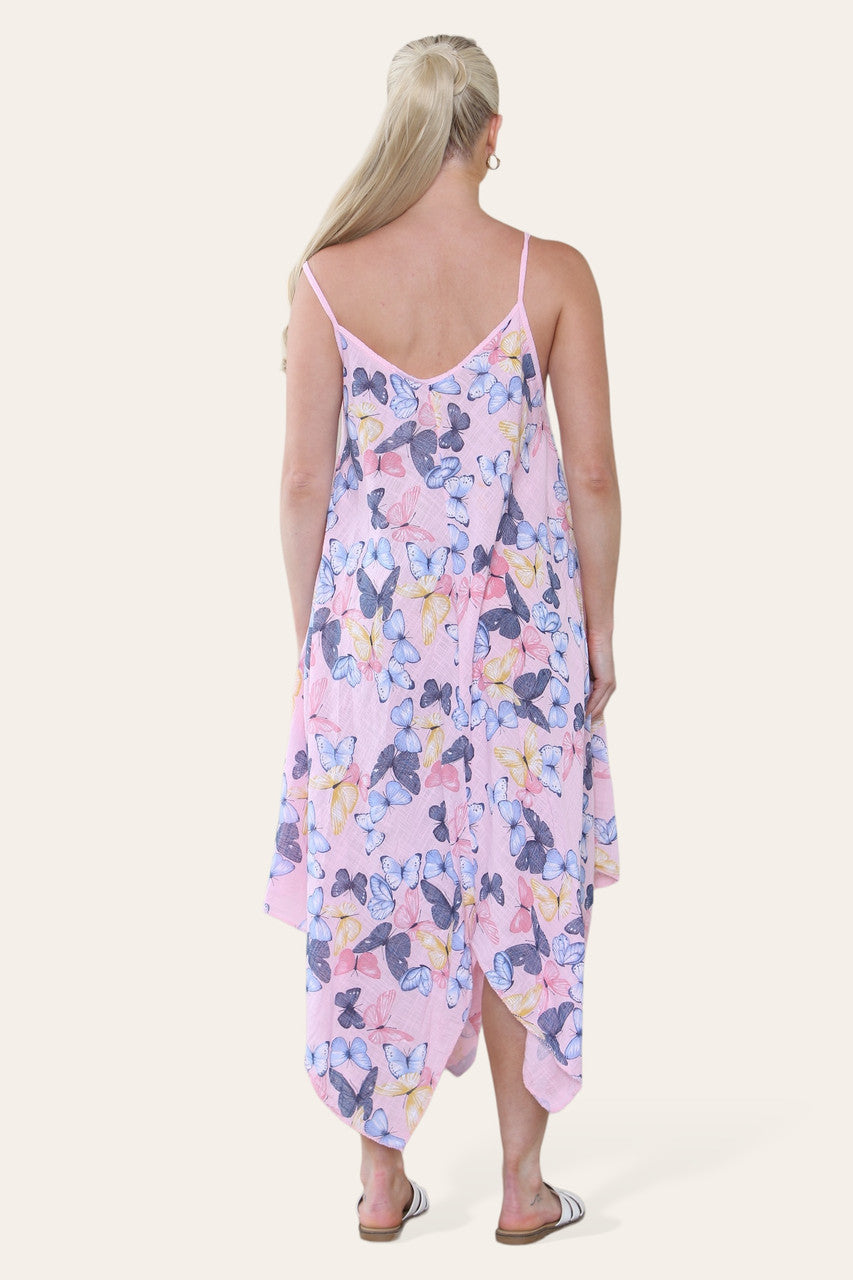 JURK MET VLINDERPRINT EN SPAGHETTIBANDJES ROZE