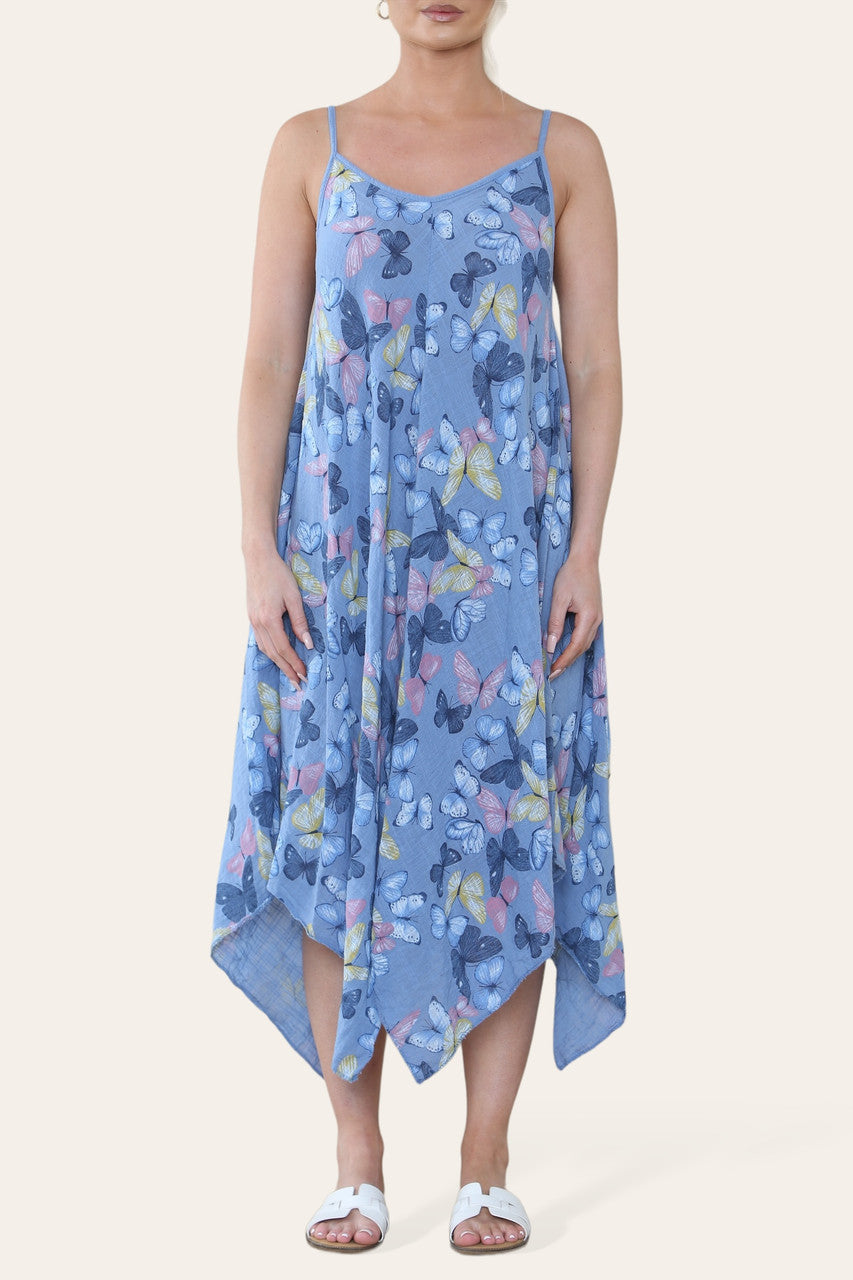 JURK MET VLINDERPRINT EN SPAGHETTIBANDJES DENIM