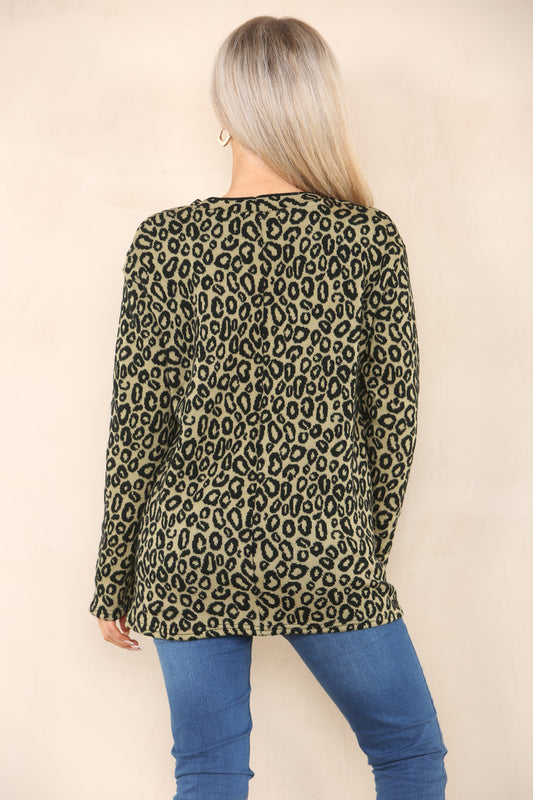 DUBBELGEBREIDE TRUI MET LEOPAARDPRINT KHAKI