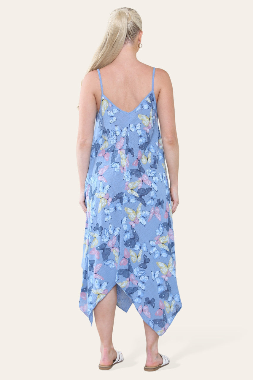 JURK MET VLINDERPRINT EN SPAGHETTIBANDJES DENIM