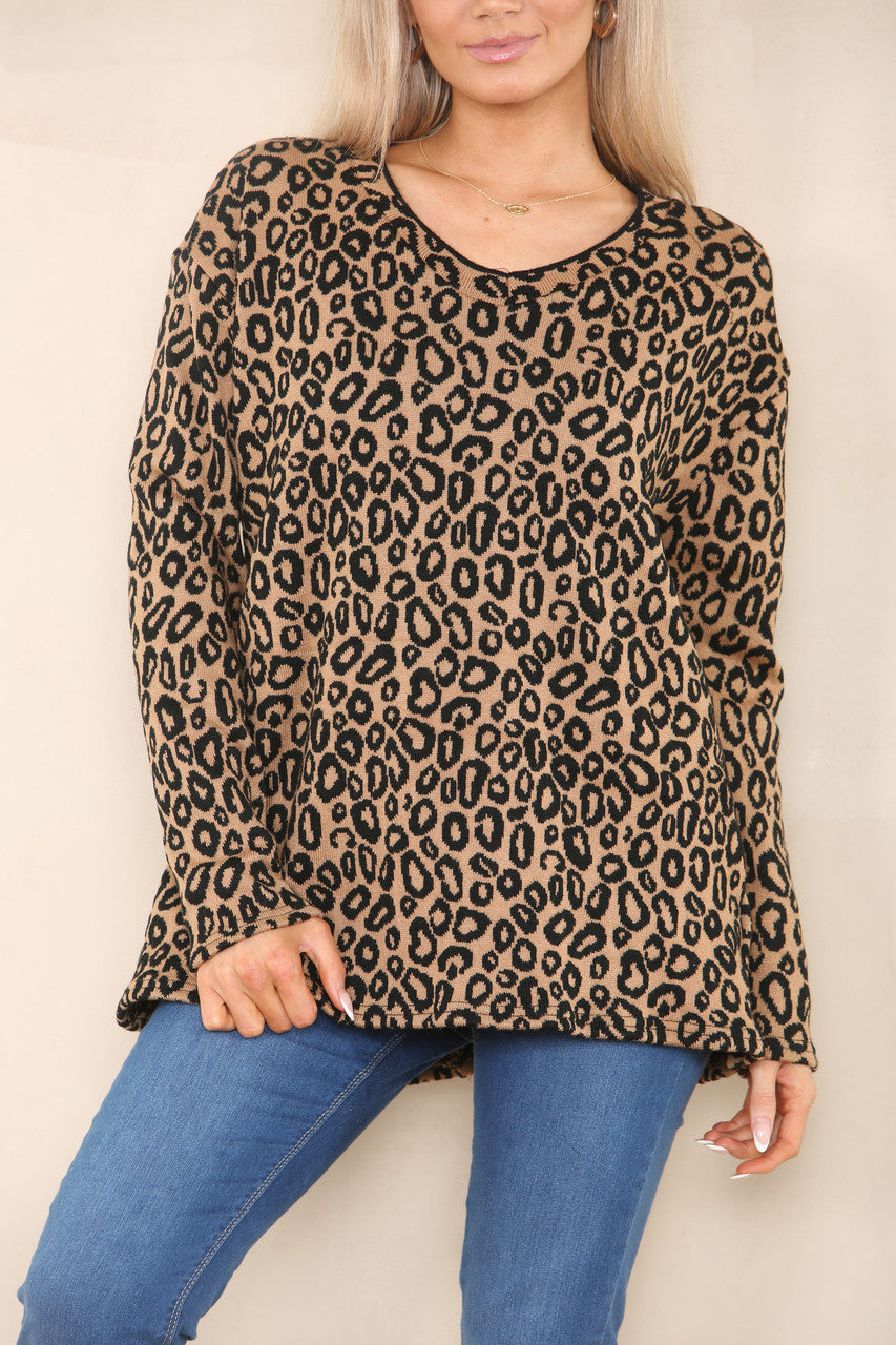 LEOPARD PRINT DOUBLE KNIT JUMPER TAN