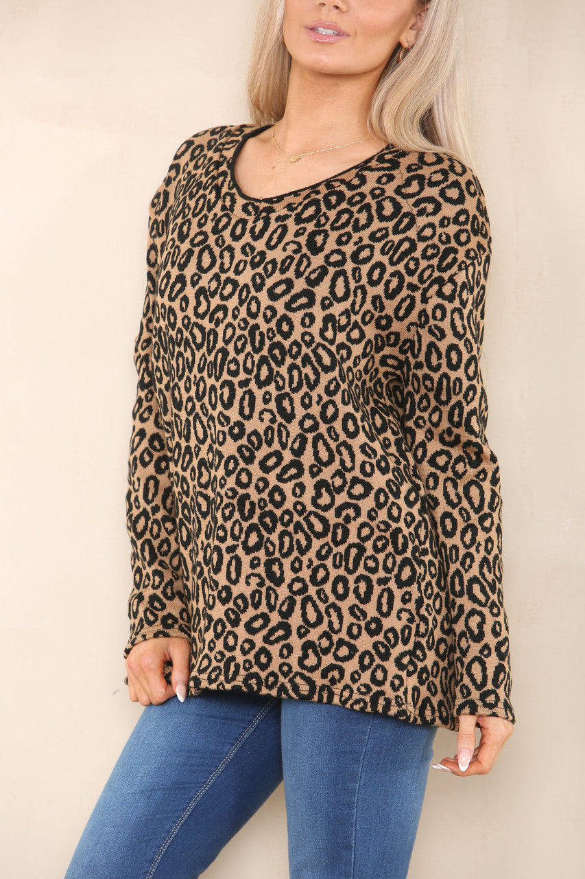 LEOPARD PRINT DOUBLE KNIT JUMPER TAN