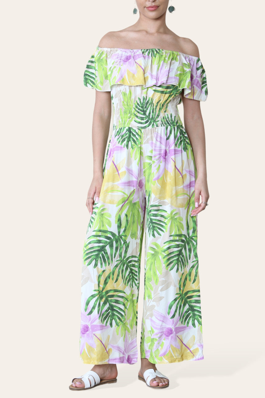 TROPISSE BLADPRINT OFF-SHOULDER JUMPSUIT GROEN
