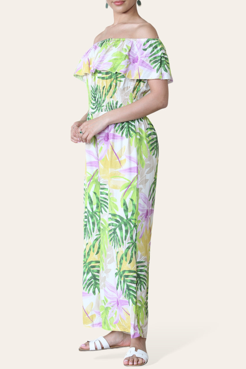 TROPISSE BLADPRINT OFF-SHOULDER JUMPSUIT GROEN