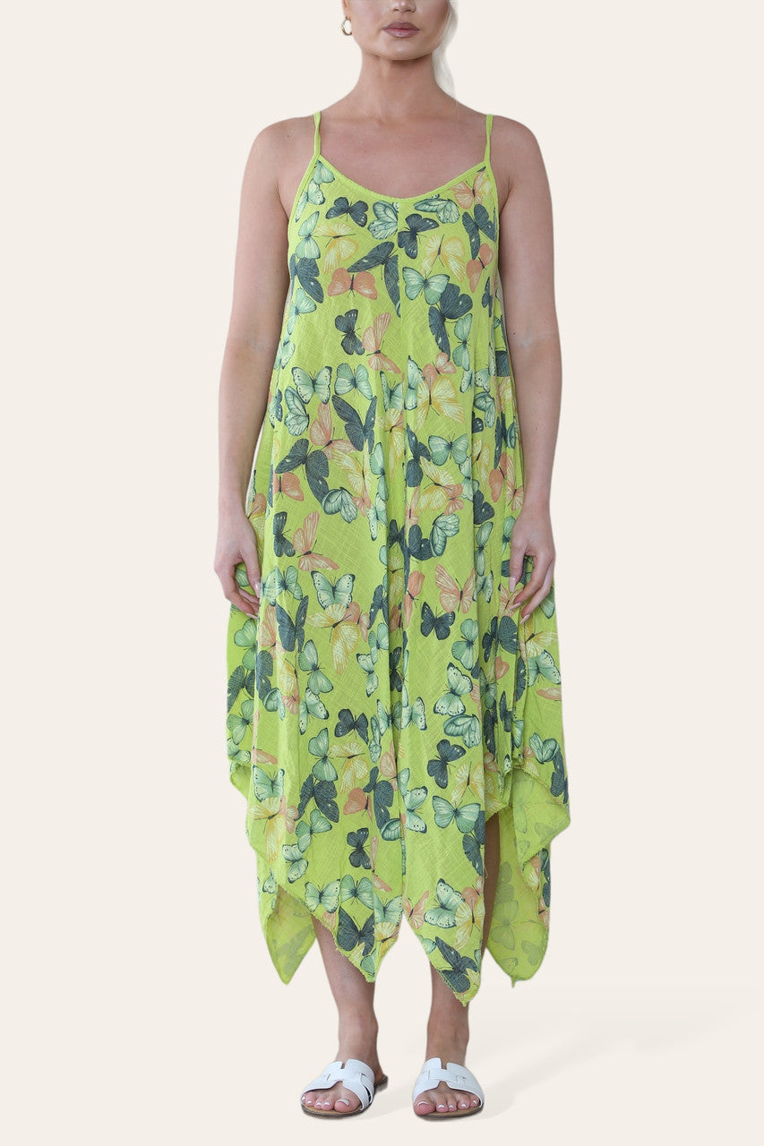 BUTTERFLY PRINT STRAPPY DRESS LIME