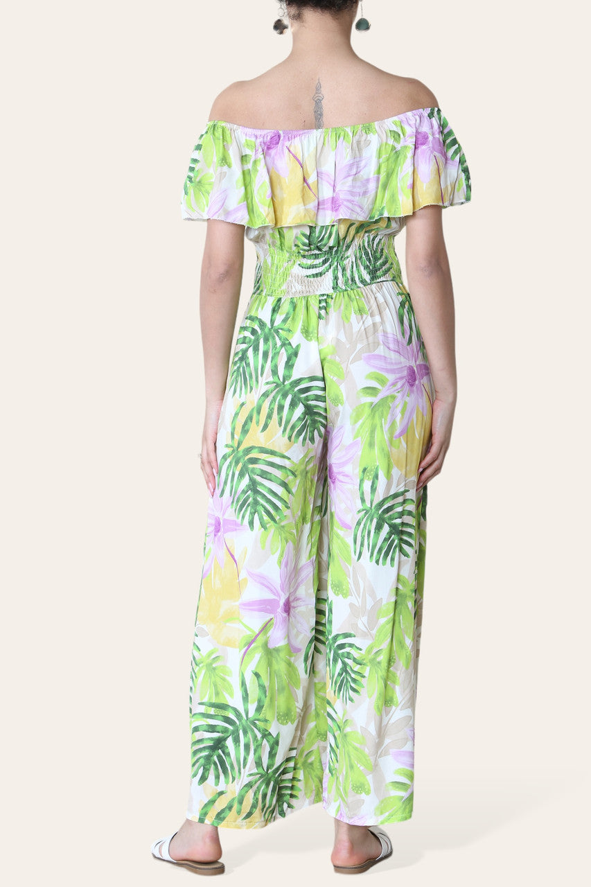 TROPISSE BLADPRINT OFF-SHOULDER JUMPSUIT GROEN