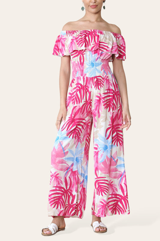 JUMPSUIT MET TROPISCHE BLADPRINT, OFF-SHOULDER, CERISE