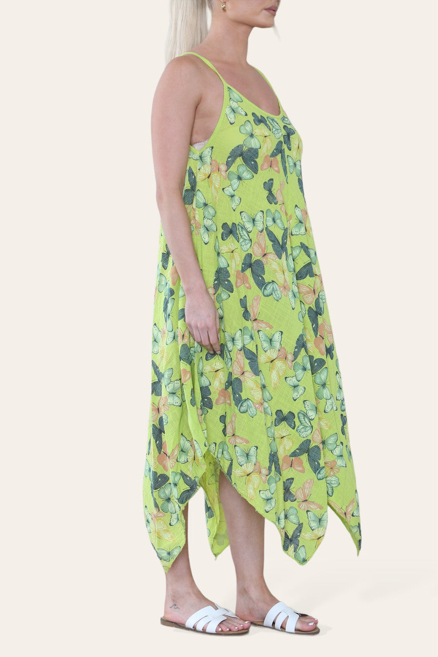 BUTTERFLY PRINT STRAPPY DRESS LIME