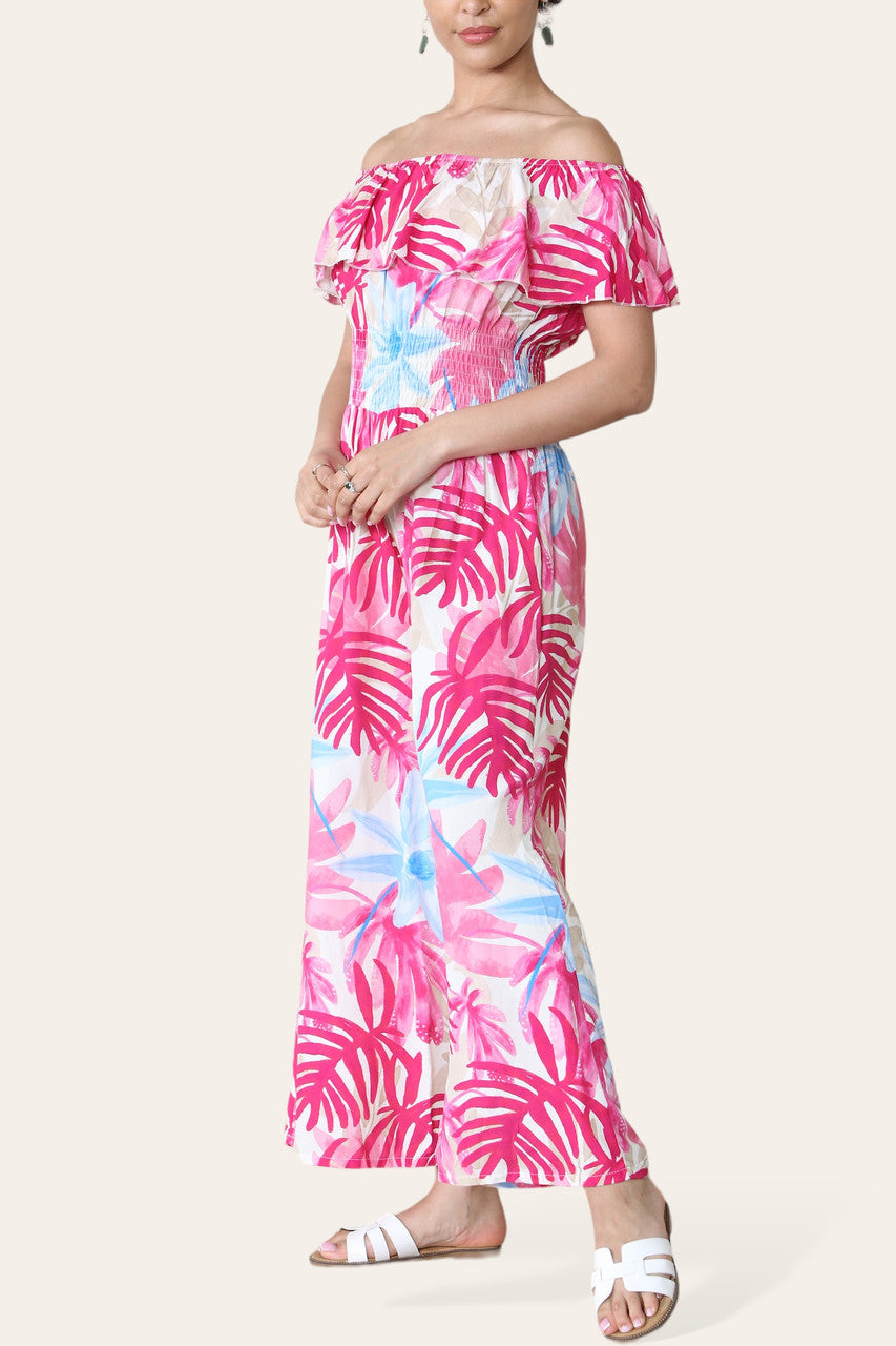 JUMPSUIT MET TROPISCHE BLADPRINT, OFF-SHOULDER, CERISE