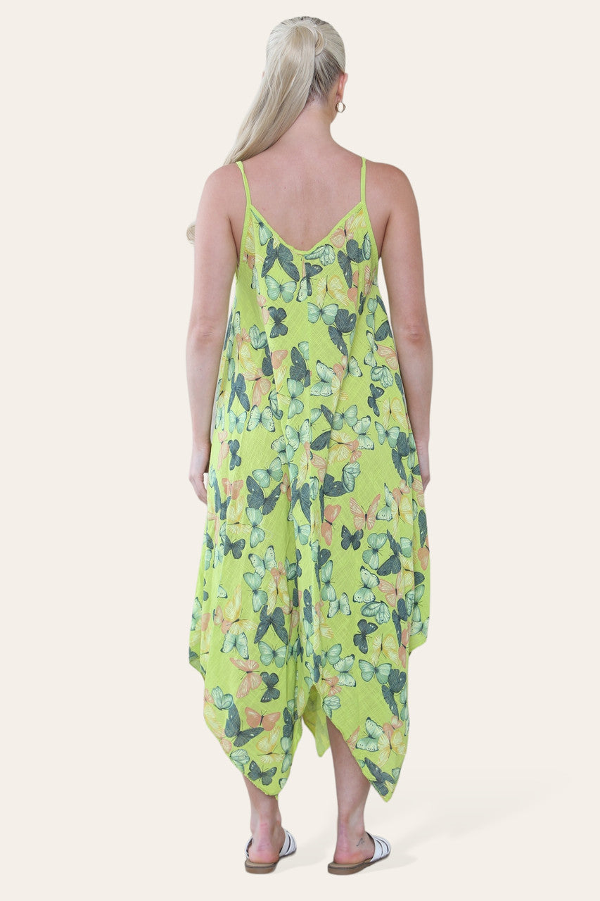 BUTTERFLY PRINT STRAPPY DRESS LIME