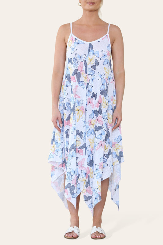 BUTTERFLY PRINT STRAPPY DRESS WHITE
