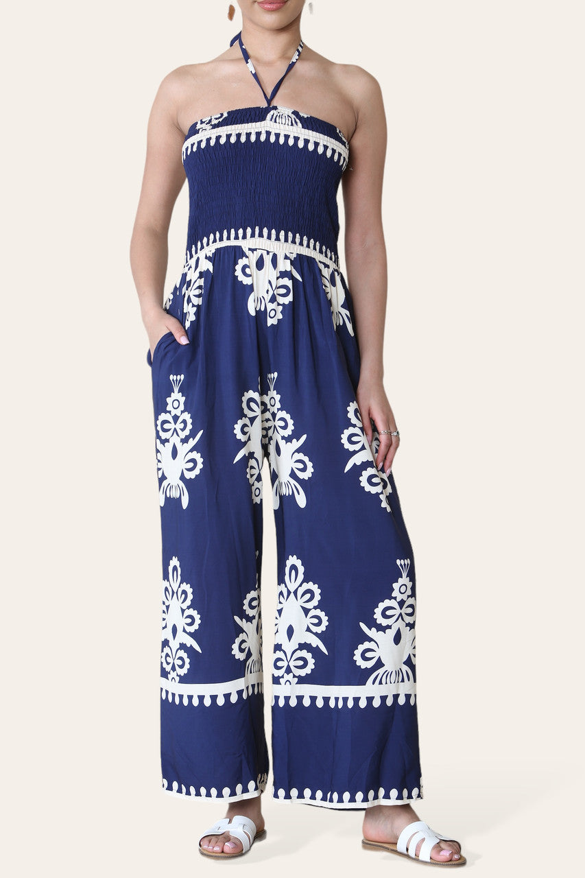 STRAIGHT TOP GEPLOOIDE PRINT OVERALL MARINEBLAUW