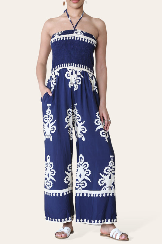 STRAIGHT TOP GEPLOOIDE PRINT OVERALL MARINEBLAUW