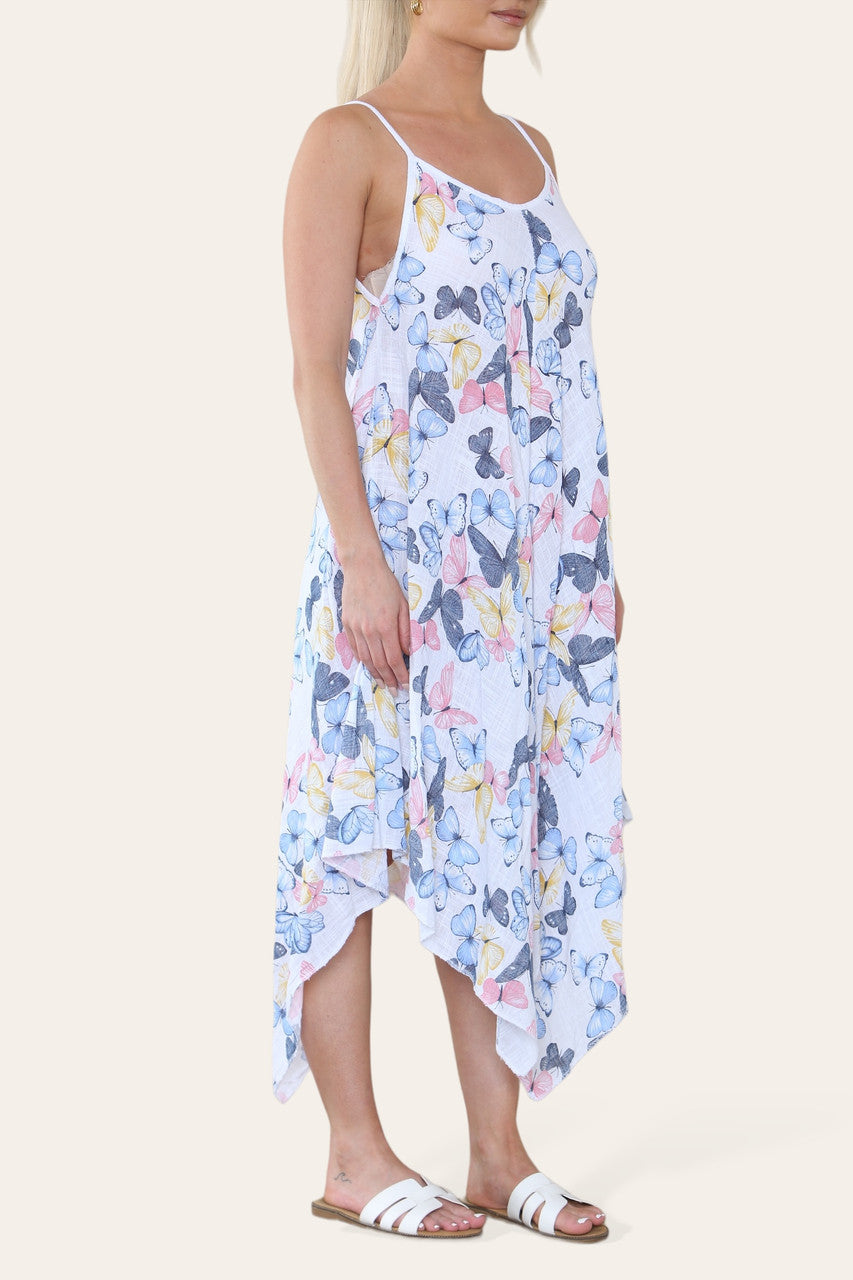 BUTTERFLY PRINT STRAPPY DRESS WHITE