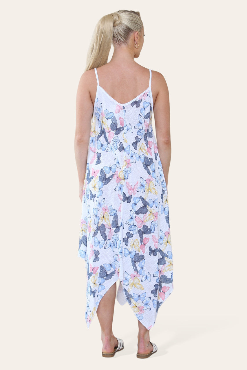 BUTTERFLY PRINT STRAPPY DRESS WHITE