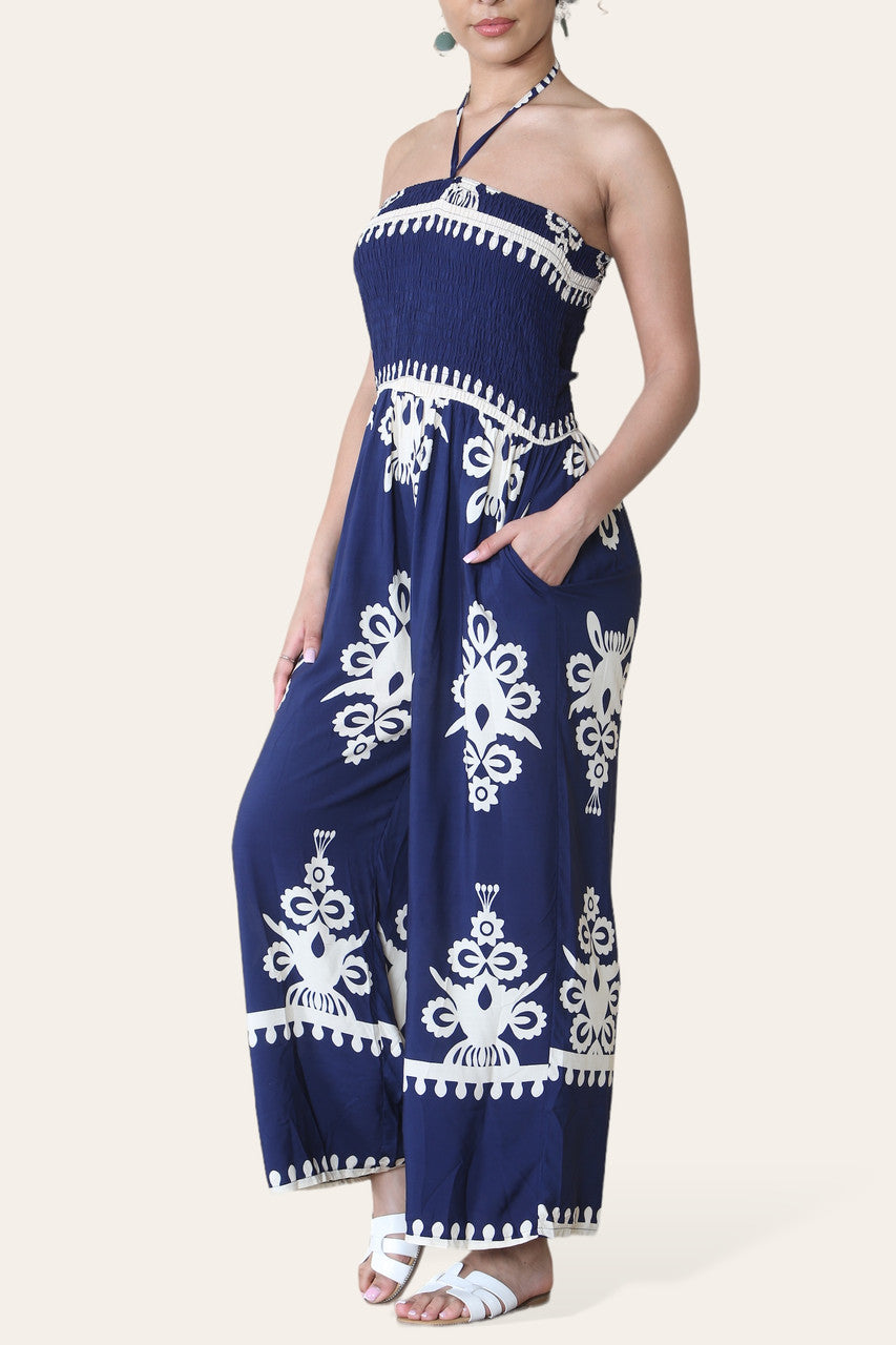 STRAIGHT TOP GEPLOOIDE PRINT OVERALL MARINEBLAUW