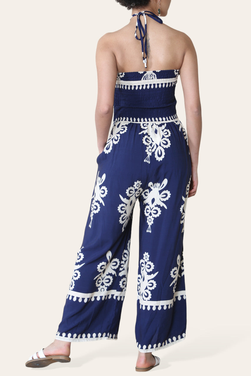 STRAIGHT TOP GEPLOOIDE PRINT OVERALL MARINEBLAUW
