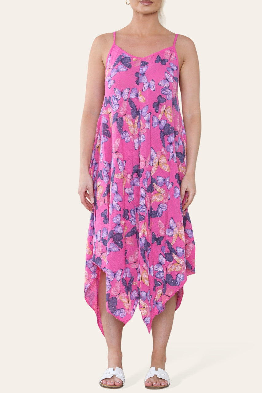 JURK MET VLINDERPRINT EN SPAGHETTIBANDJES CERISE