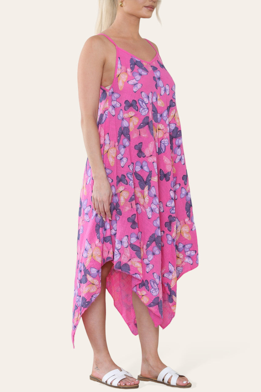 JURK MET VLINDERPRINT EN SPAGHETTIBANDJES CERISE