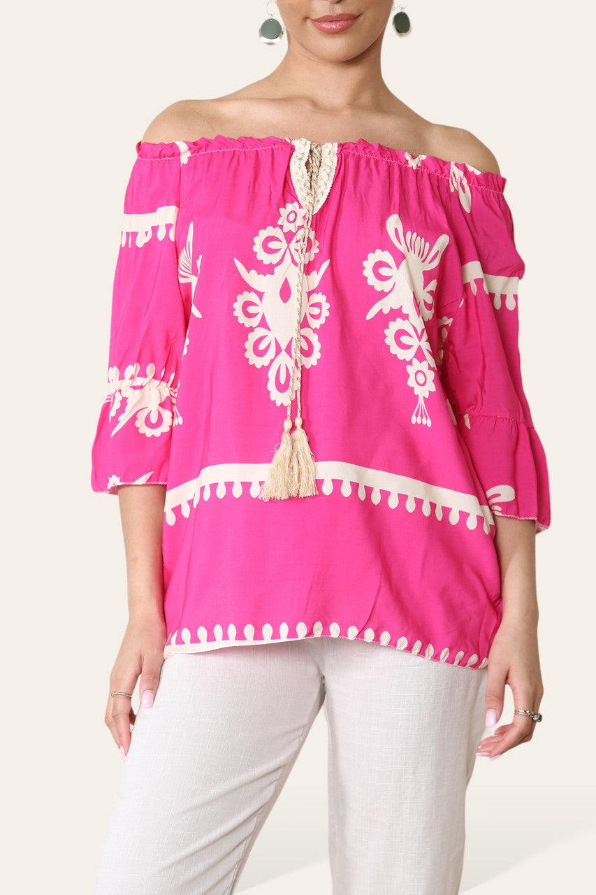 BEDRUKTE KWASJES BANDJES BARDOT BLOUSE TOP KERSENROOD