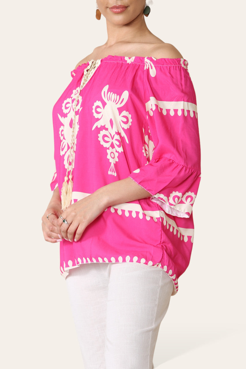 BEDRUKTE KWASJES BANDJES BARDOT BLOUSE TOP KERSENROOD