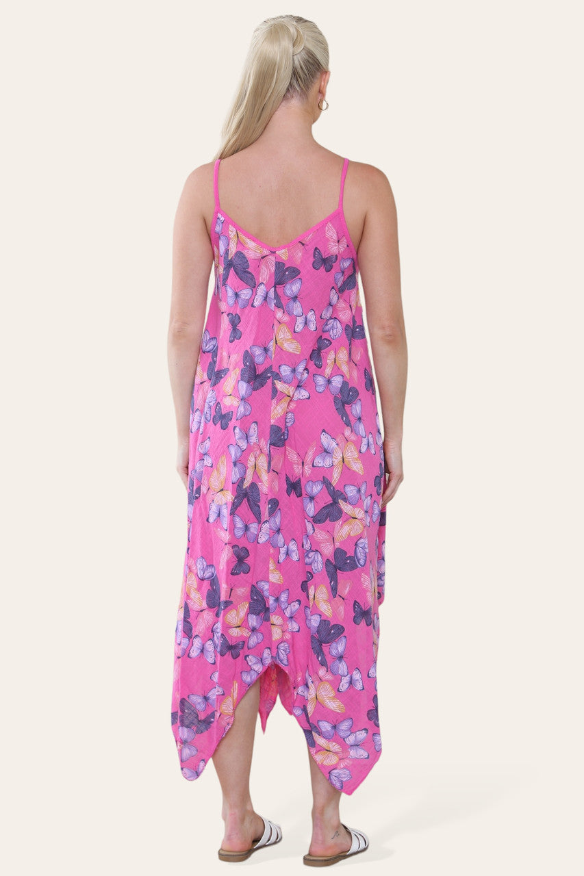 JURK MET VLINDERPRINT EN SPAGHETTIBANDJES CERISE