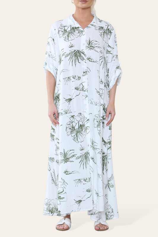 FLORAL PRINT MAXI SHIRT DRESS KHAKI