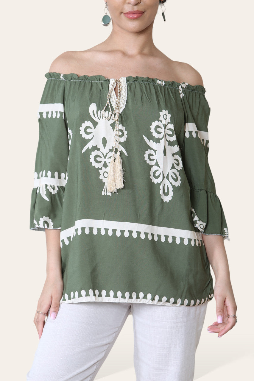 BEDRUKTE TOP MET ROPE TASSEL EN BARDOT-HALS BEIGE