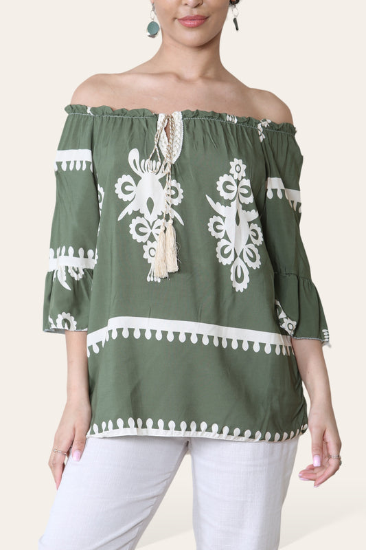 PRINTED ROPE TASSEL TIE BARDOT BLOUSE TOP KHAKI