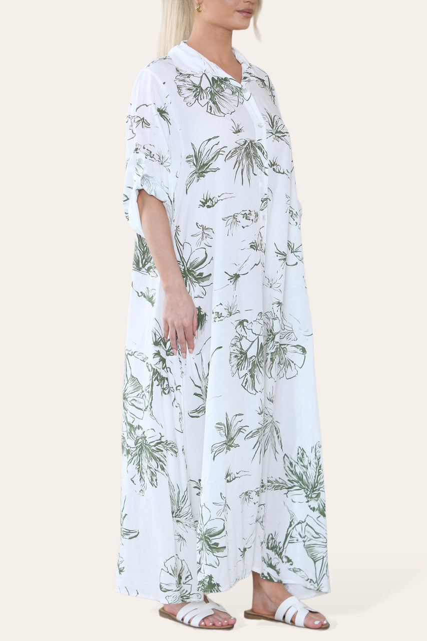 FLORAL PRINT MAXI SHIRT DRESS KHAKI