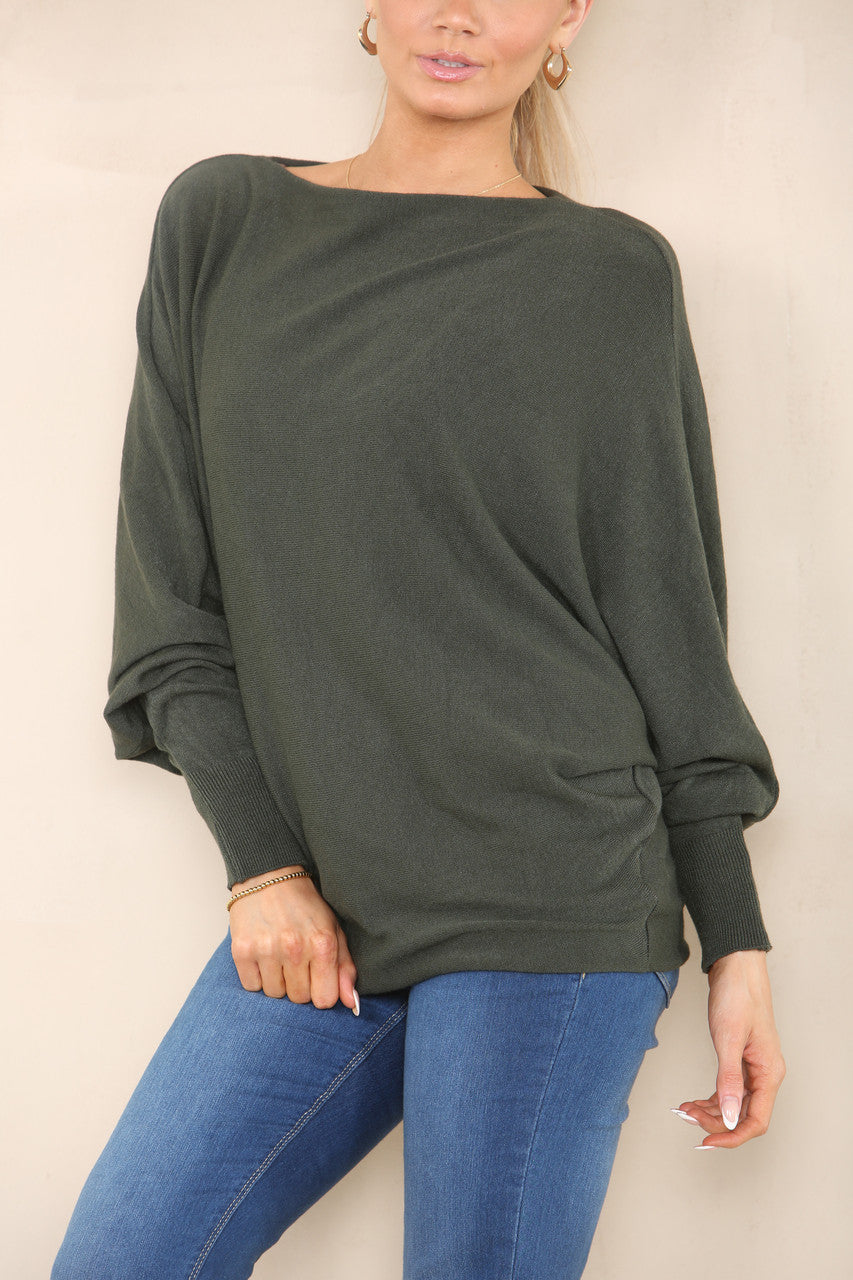ZACHTE GEBREIDE ASYMMETRISCHE BATWINGTRUI KHAKI