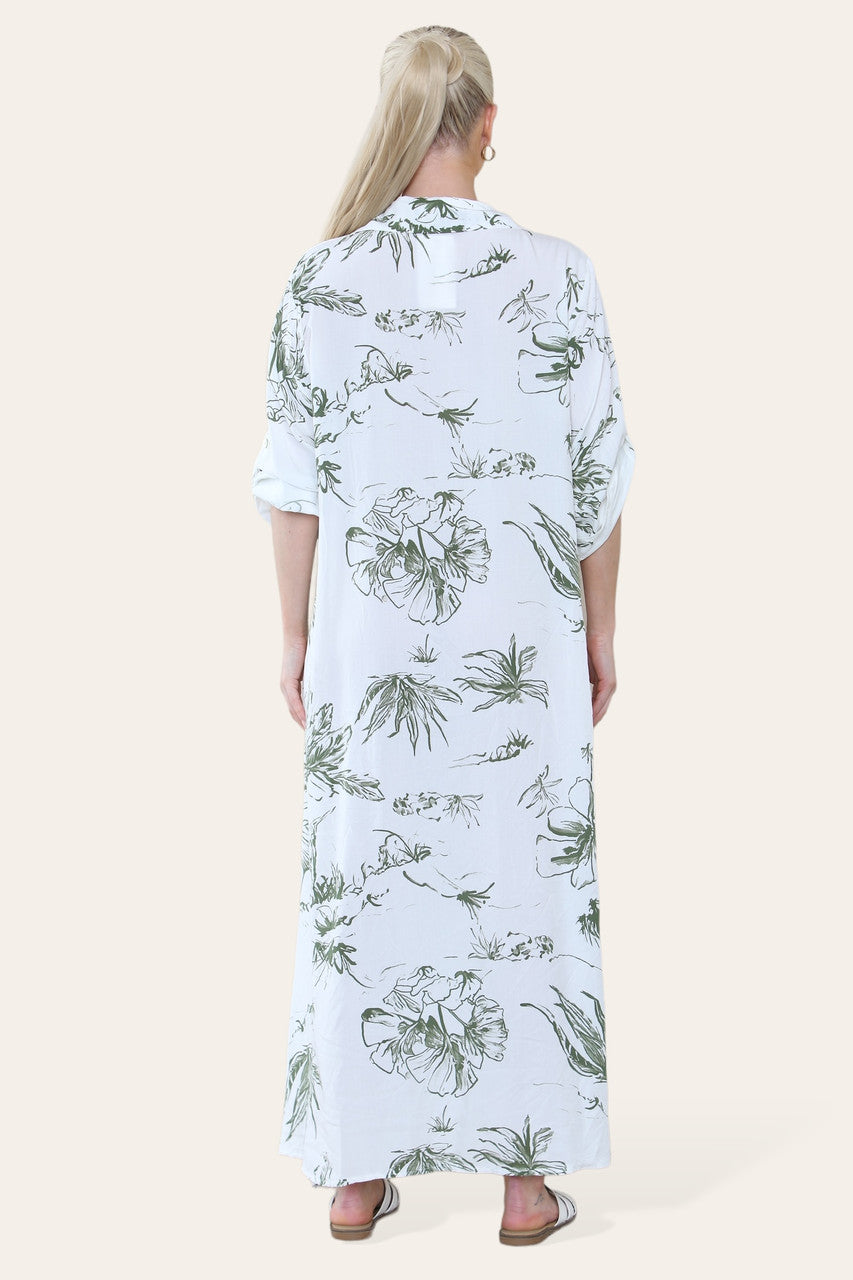 FLORAL PRINT MAXI SHIRT DRESS KHAKI