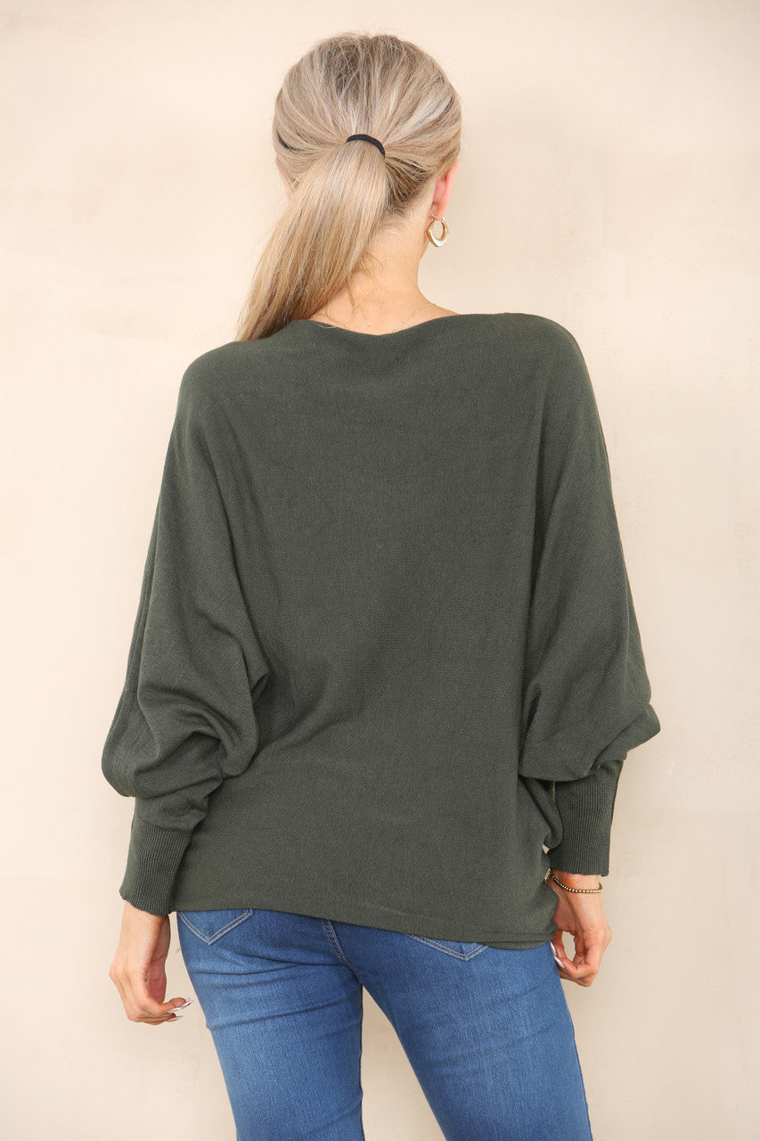ZACHTE GEBREIDE ASYMMETRISCHE BATWINGTRUI KHAKI
