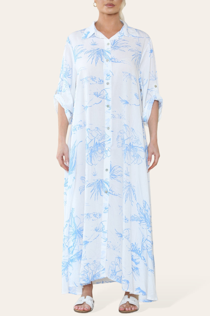 FLORAL PRINT MAXI SHIRT DRESS SKY BLUE