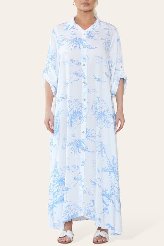 FLORAL PRINT MAXI SHIRT DRESS SKY BLUE