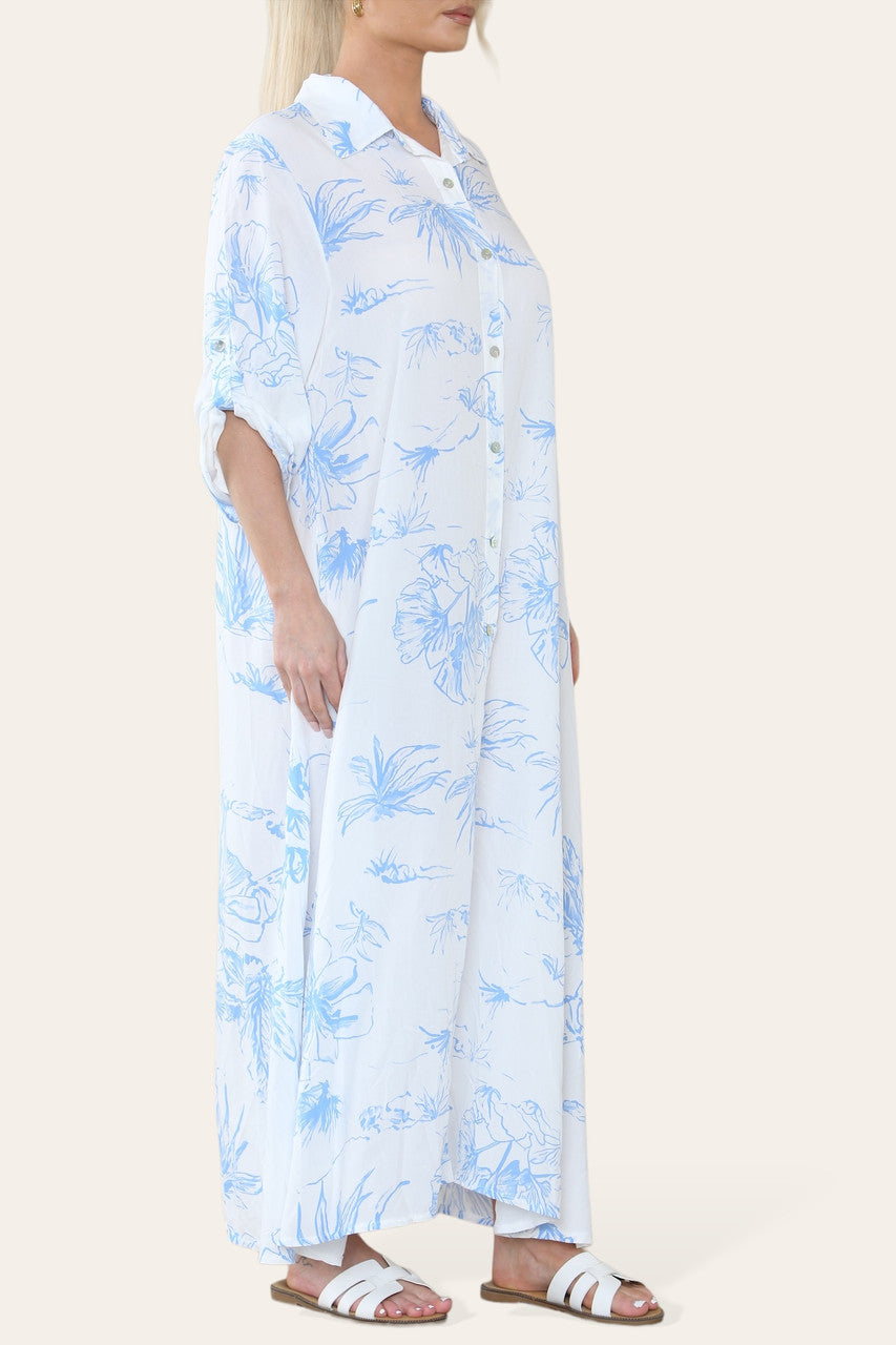 FLORAL PRINT MAXI SHIRT DRESS SKY BLUE