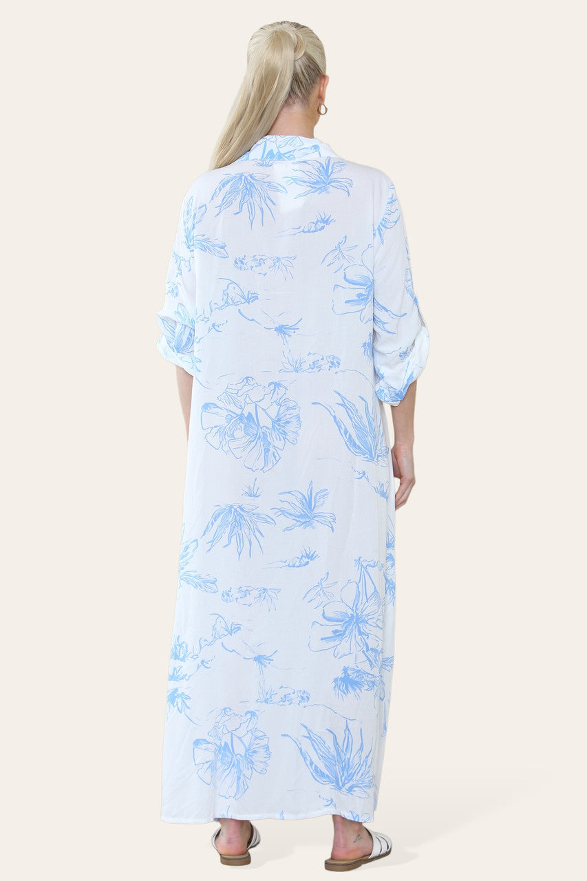 FLORAL PRINT MAXI SHIRT DRESS SKY BLUE