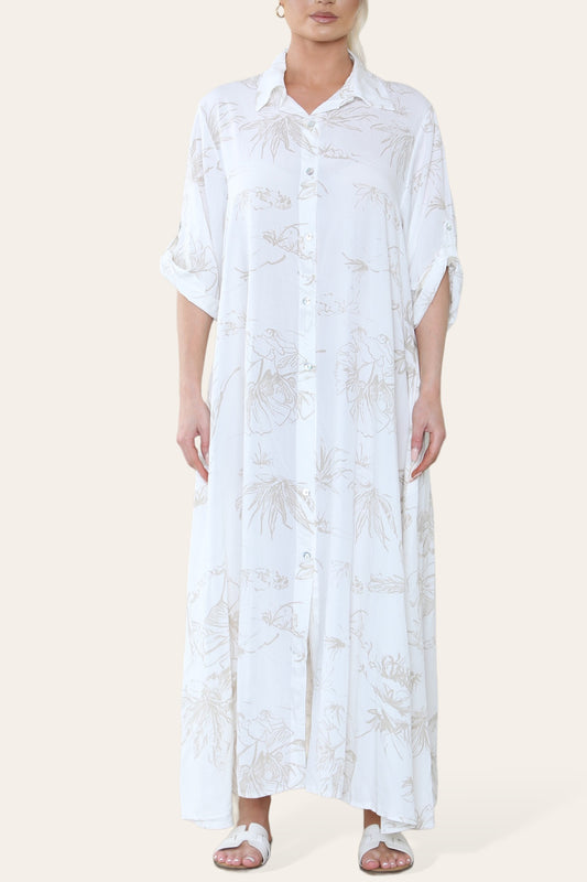 FLORAL PRINT MAXI SHIRT DRESS STONE