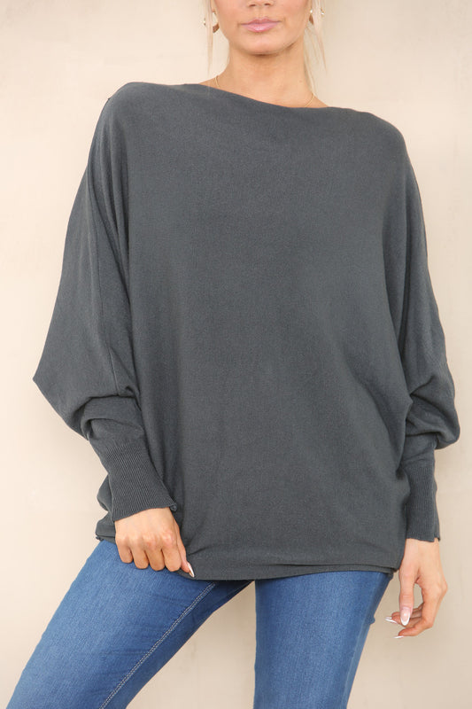 SOFT KNIT ASYMMETRIC BATWING JUMPER CHARCOAL