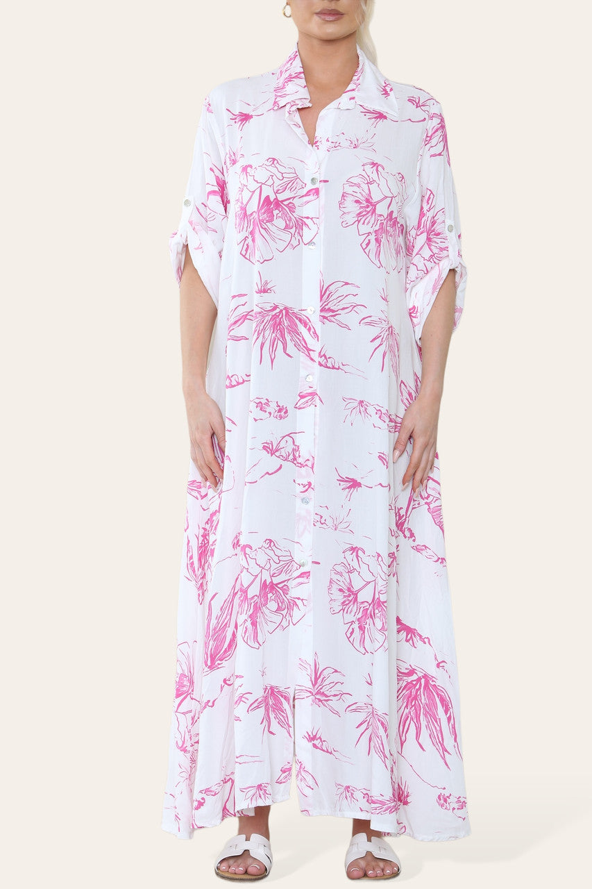 MAXI OVERHEMDJURK MET BLOEMENPRINT CERISE