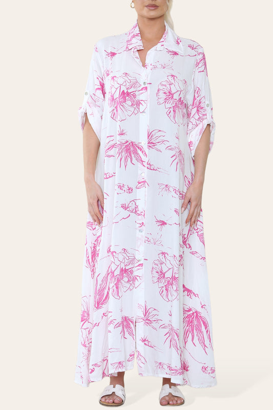 FLORAL PRINT MAXI SHIRT DRESS CERISE