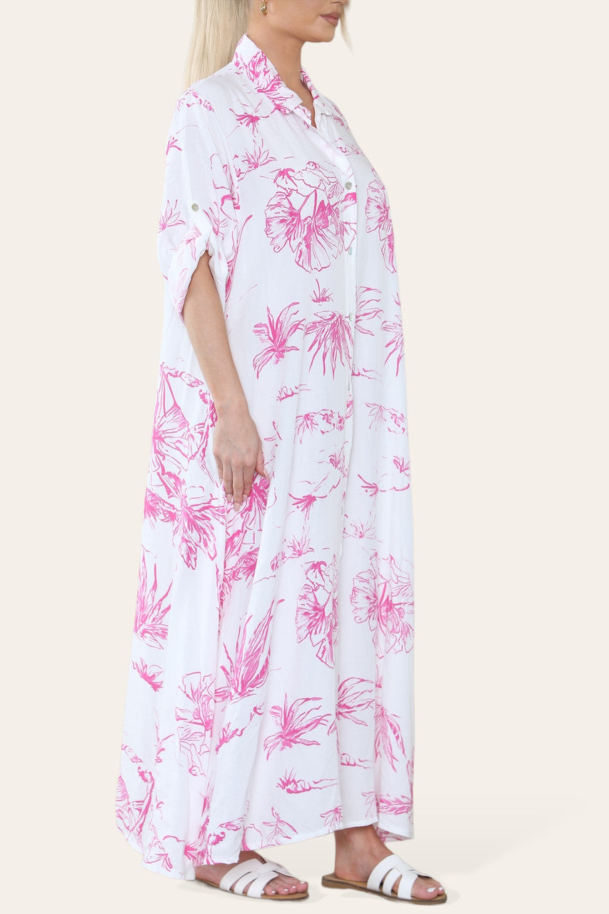 MAXI OVERHEMDJURK MET BLOEMENPRINT CERISE