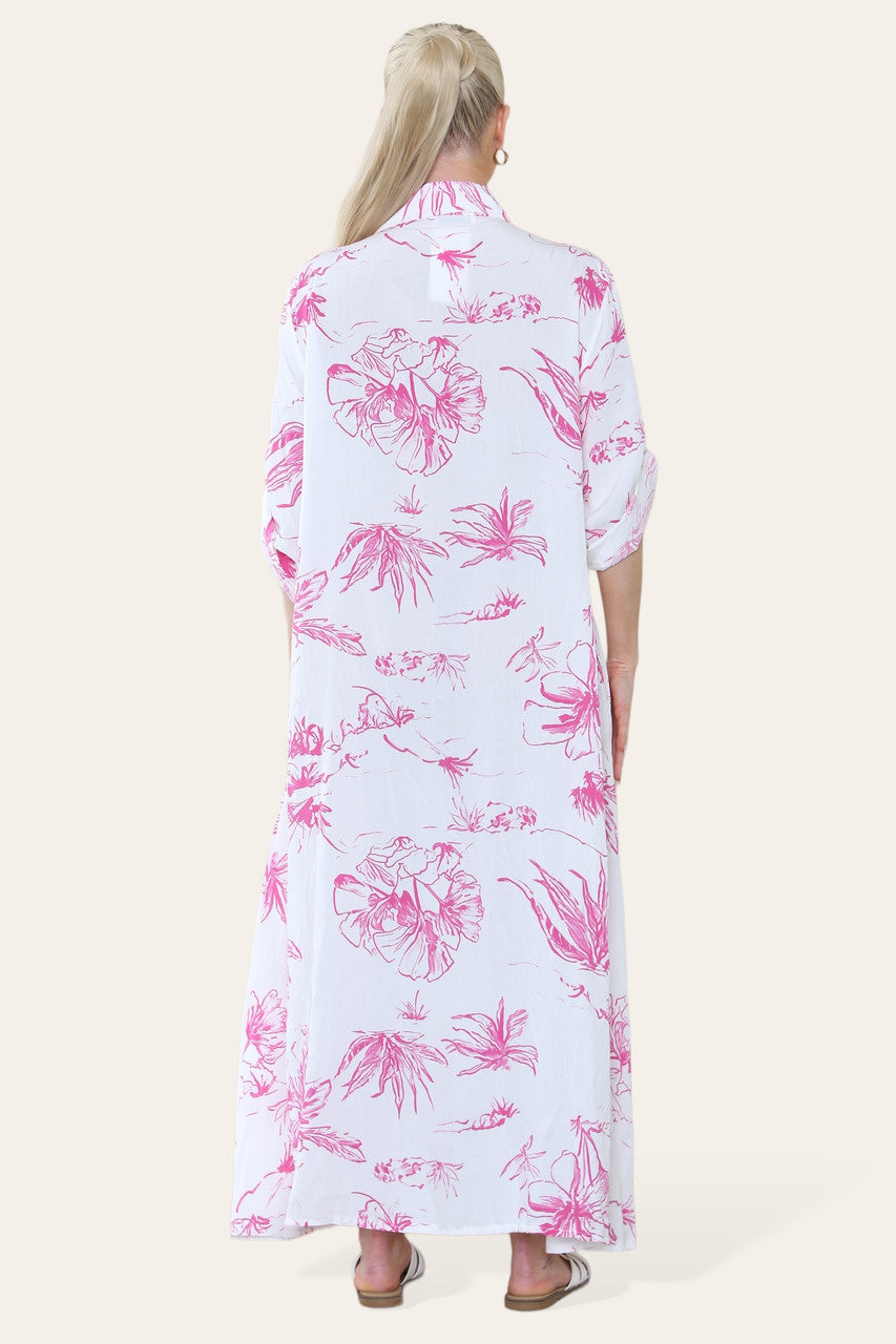 MAXI OVERHEMDJURK MET BLOEMENPRINT CERISE