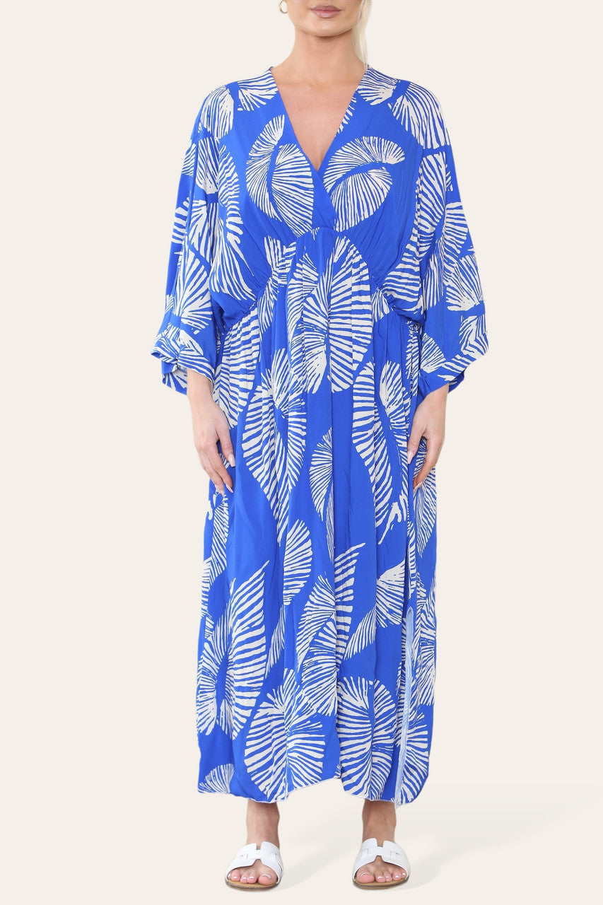 PALM LEAF PRINT MAXI DRESS ROYAL BLUE