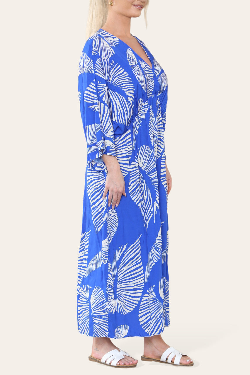 PALM LEAF PRINT MAXI DRESS ROYAL BLUE