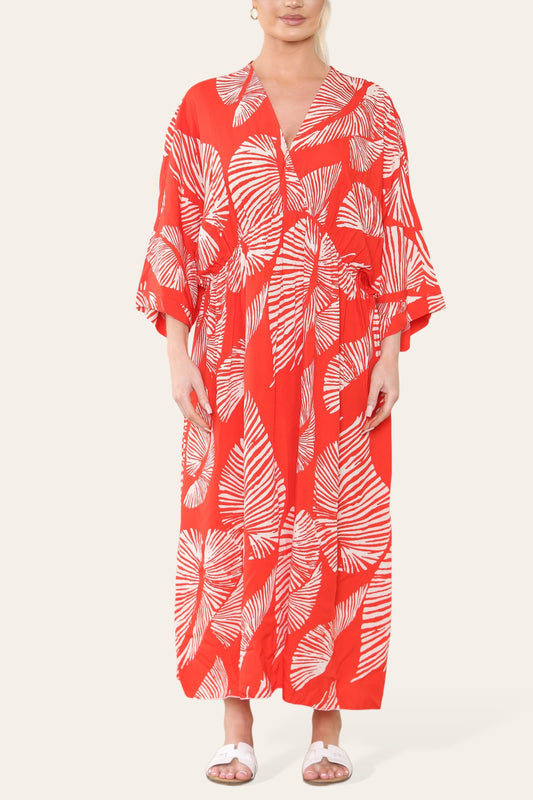PALM LEAF PRINT MAXI DRESS RED