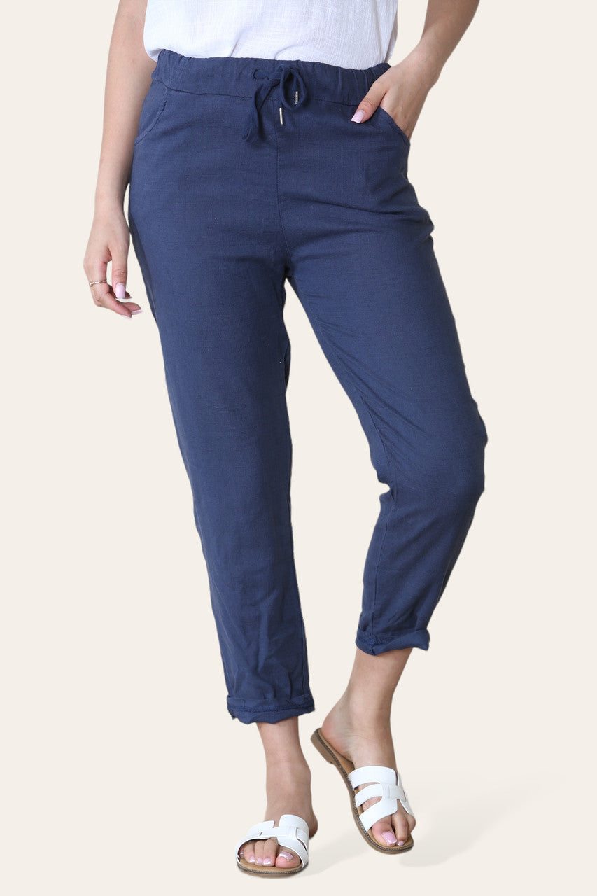 TOELOPENDE BROEK VAN KATOENLINNENMIX NAVY