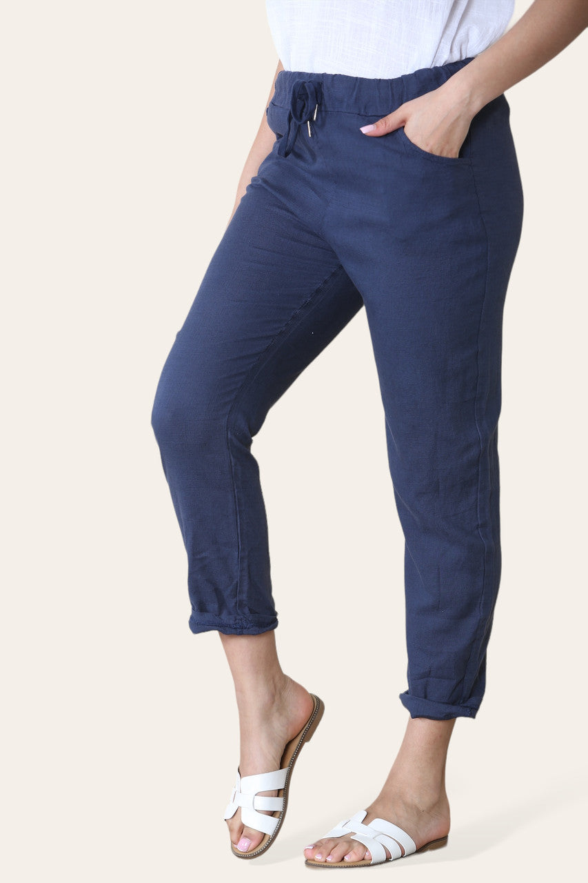 TOELOPENDE BROEK VAN KATOENLINNENMIX NAVY